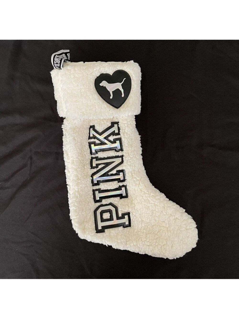 PINK Victorias Secret Fluffy Ivory Sherpa Spellout Logo Christmas Stocking Plush